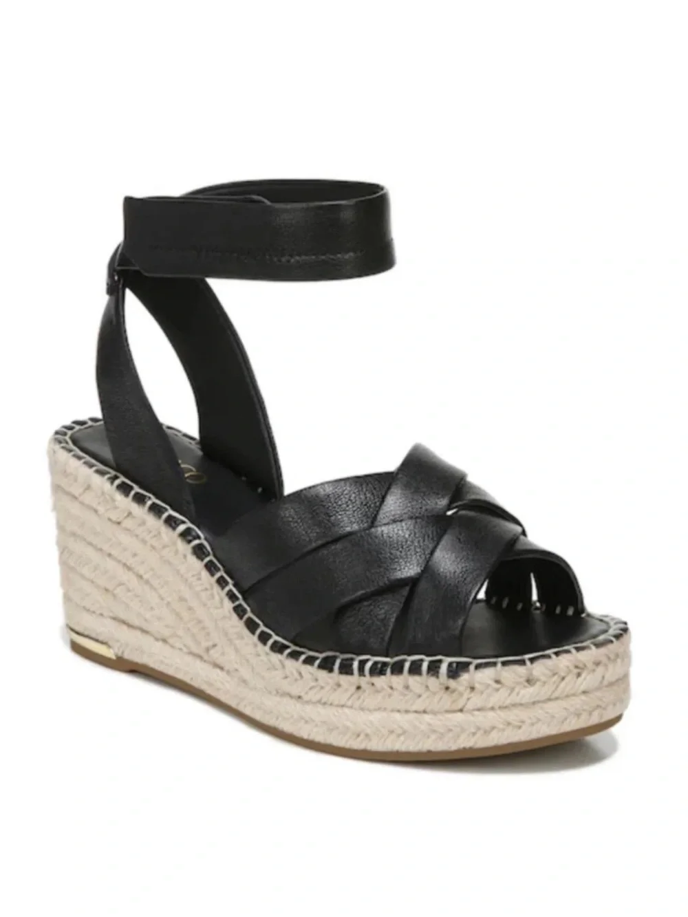Franco Sarto Black Leather Ankle-Strap Espadrille Wedge Sandals
